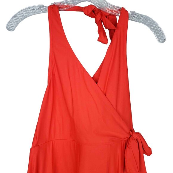 J. Crew Red Halter Neck One Piece Swimsuit Size 8 Wrap Front Bathing Suit Beach - Picture 2 of 8